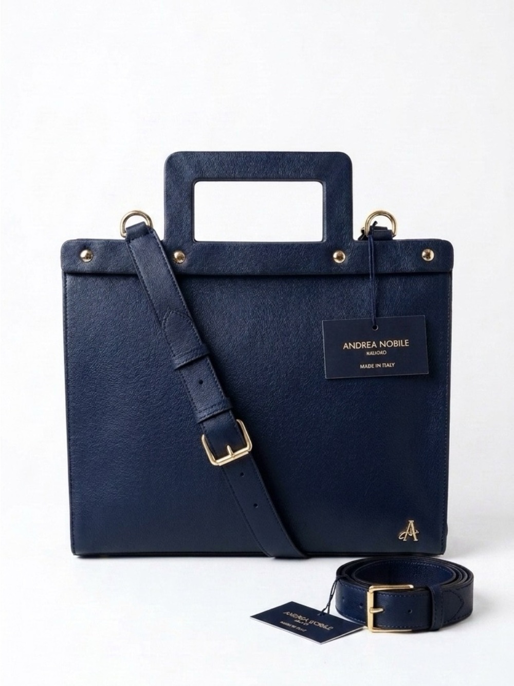 Navy Leather Structured Tote briefcase for men or women. made in Italy